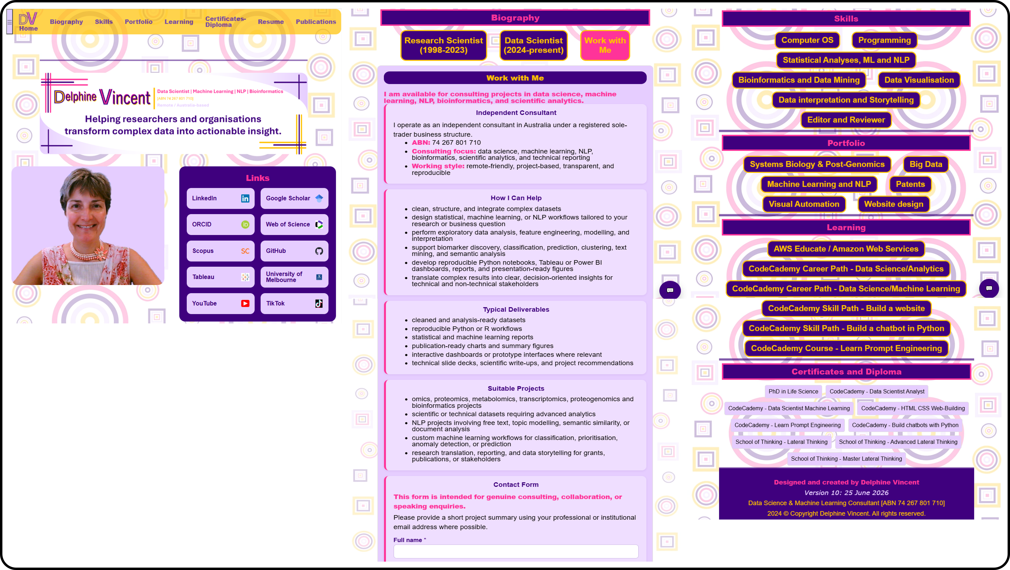 Overview of Delphine Vincent's professional website and integrated chatbot
