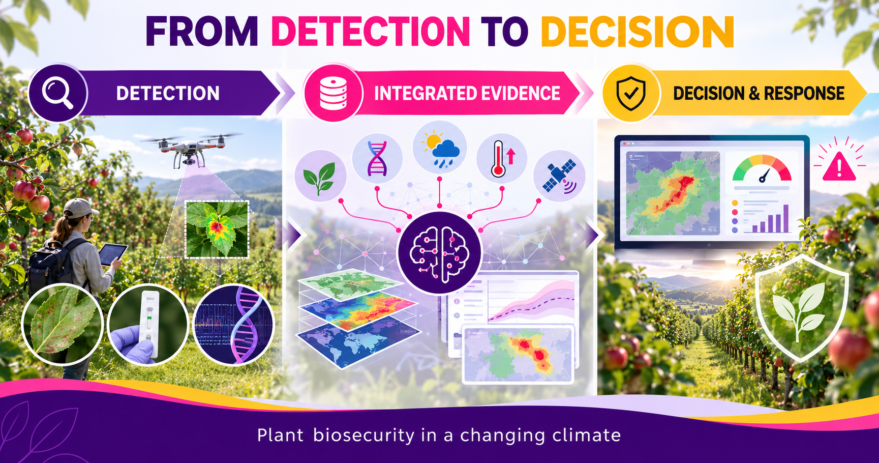 Graphical summary showing the progression from plant pest and pathogen detection, through the integration of diagnostic, genomic, environmental and surveillance data, to evidence-based biosecurity decisions and responses.